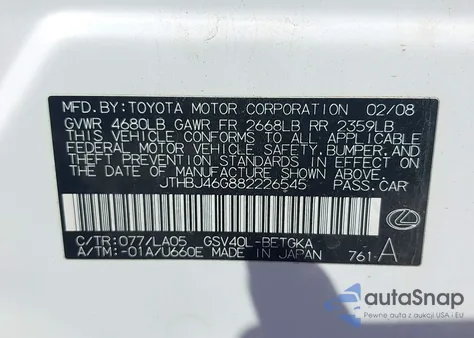 2008 Lexus Es 350 from USA, damaged, VIN JTHBJ46G882226545